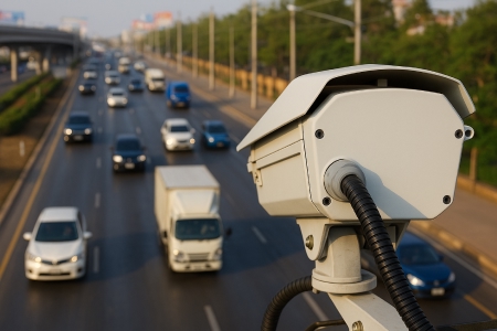 Câmera de fiscalização eletrônica e radar monitorando veículos em rodovia